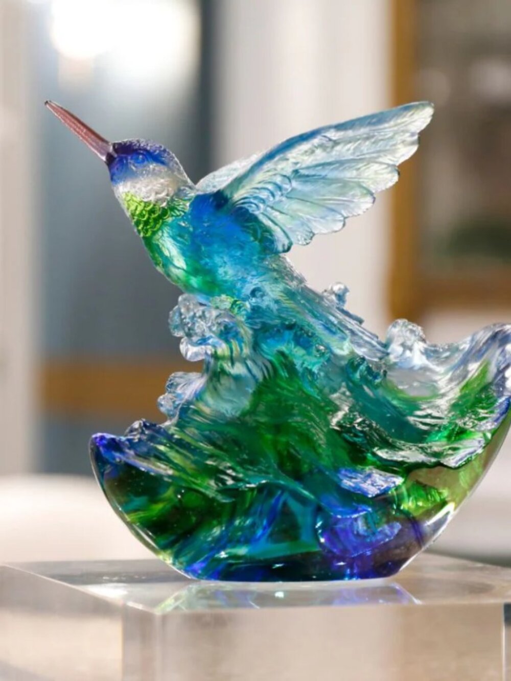 LIULI Hummingbird Sculpture Victory by Daybreak Signed Blue/Green New in box